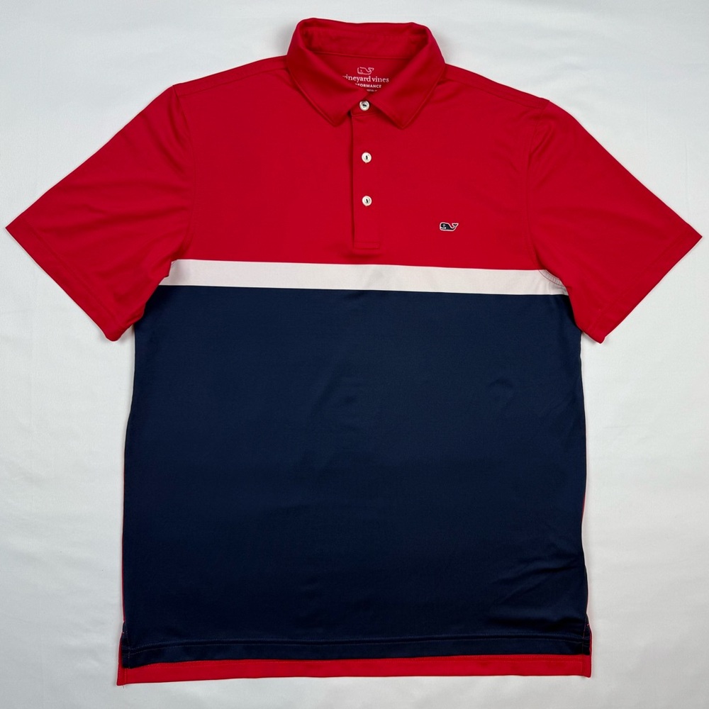 Vineyard Vines Mens Performance Golf Polo Shirt Medium Navy/Red Color Block B1